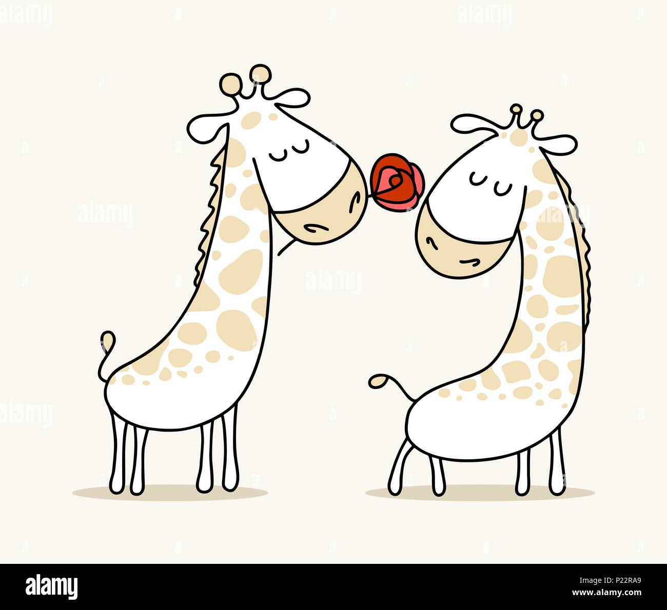 Couple of two cute in loved giraffes. Happy Valentine`s Day vector cartoon illustration poster Stock Vector